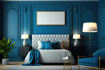 Bedroom mockup featuring a blue molding wall and traditional furnishings in a classic environment. Generative AI
