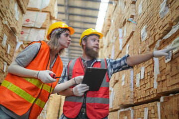 Worker in a timber and lumber warehouse. Product acceptance and quality control. worker doing...