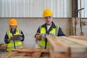 Worker are working at lumber yard in Large Warehouse. Worker are  working.on woodworking machine,...