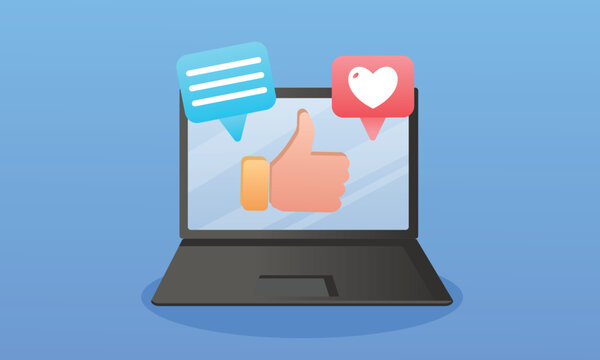 cartoon laptop computer with thumb up and heart.on blue background.Vector Design Illustration.