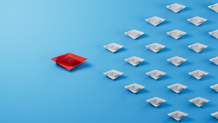 Leadership concept minimal with red paper ship leading among paper ship white.3D rendering on blue background.

