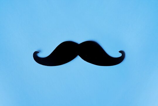 Top View Image Of Fake Mustache On Blue Background With Copy Space. Masculine, Movember And Hipster Concept