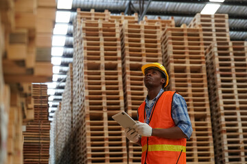 Worker are working at lumber yard in Large Warehouse. Worker are  working.on woodworking machine, lumber and Inventory check at Storage shelves in lumberyard.