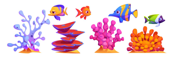 Underwater plants and animals - seaweed, coral reef and fish cartoon vector illustration set. Bright colorful marine or aquarium creatires. Sea and ocean bottom tropical aquatic bright habitat.