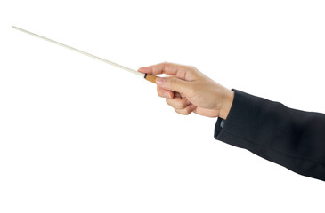 Woman hand holding Baton or Magic wand conjured up in the air on white background, Miracle magical stick Wizard for fantasy story or music conductor isolate on white with clipping path.