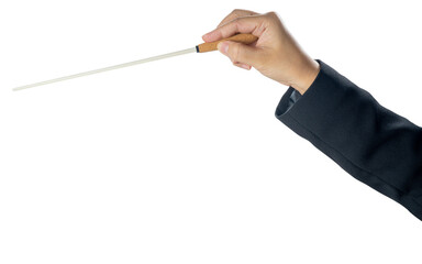 Woman hand holding Baton or Magic wand conjured up in the air on white background, Miracle magical...