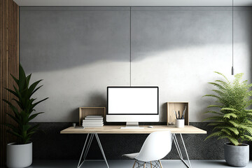 Concrete and wood designer office with furniture, supplies, laptop, ornamental plant, and mock-up poster. Generative AI