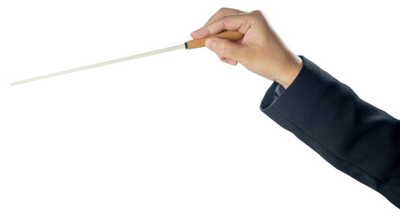Woman hand holding Baton or Magic wand conjured up in the air on white background, Miracle magical stick Wizard for fantasy story or music conductor isolate on white PNG File.