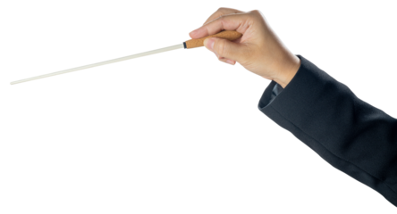 Woman hand holding Baton or Magic wand conjured up in the air on white background, Miracle magical stick Wizard for fantasy story or music conductor isolate on white PNG File.