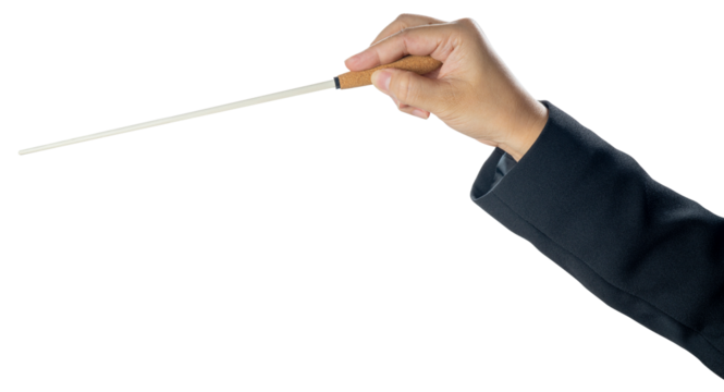 Woman hand holding Baton or Magic wand conjured up in the air on white background, Miracle magical stick Wizard for fantasy story or music conductor isolate on white PNG File.