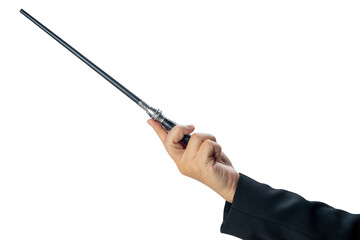 Woman hand holding Baton or Magic wand conjured up in the air. on white background, Miracle magical stick Wizard for fantasy story or music conductor isolate on white with clipping path.