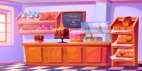 Zelfklevend Fotobehang Bakery shop interior with cake and counter inside cartoon background. Bread, bun and donut dessert in cafeteria display near window on shelves. Cute french croissant and cupcake indoor showcase © klyaksun