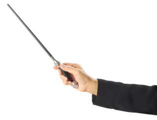 Woman hand holding Baton or Magic wand conjured up in the air on white background, Miracle magical stick Wizard for fantasy story or music conductor isolate on white PNG File.