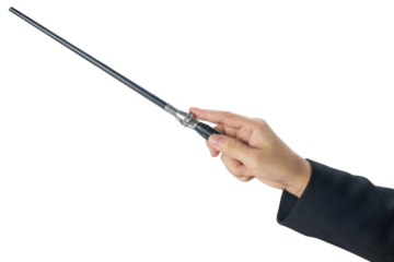 Woman hand holding Baton or Magic wand conjured up in the air. on white background, Miracle magical stick Wizard for fantasy story or music conductor isolate on white PNG File.