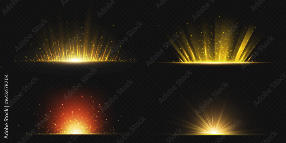 Wall mural gold explode sun light ray glow vector effect. star burst flare with sparkle and glitter set. abstra