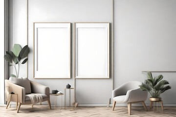 Modern living  room with two chair white wall mockup fake poster frame within a contemporary, minimalist interior setting: