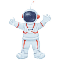 Fototapeta premium Cheerful astronaut waves their hand. Person in a spacesuit. Character stands in a helmet. Space travel, science fiction. Bright colors, illustration for children. Watercolor isolated illustration