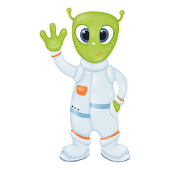 A funny cute alien waves its hand. A green, friendly extraterrestrial. Character in a spacesuit. Space theme. Extraterrestrial creature, science fiction. Watercolor isolated children's illustration