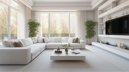 Fototapeta na wymiar Discover Tranquility Inside a White Living Room Bathed in Natural Light and Adorned with White Furniture. created with Generative AI