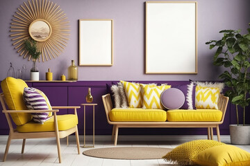Wooden Scandi-Boho decor. Purple living room poster frame mockup. illustration. Generative AI