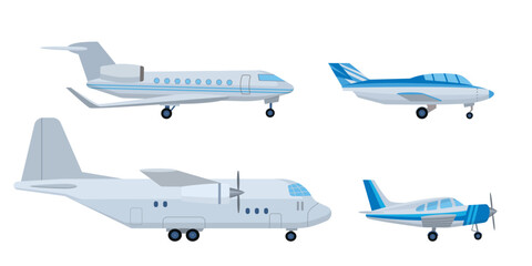 Fototapeta na wymiar Cartoon set of civil, cargo, private aircraft. Vector illustration isolated on white background.