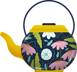 Digital png illustration of black and yellow teapot with flower pattern on transparent background