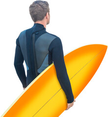 Digital png photo of caucasian man in wetsuit holding surfboard on transparent background