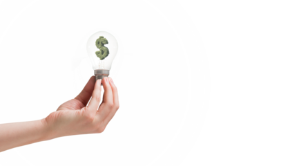 Digital png illustration of caucasian hand holding doallr sign lightbulb on transparent background