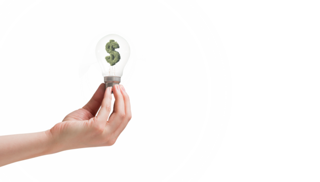 Digital png illustration of caucasian hand holding doallr sign lightbulb on transparent background - Powered by Adobe