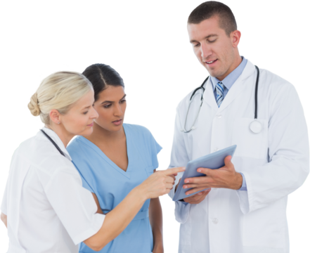 Digital png photo of divese male and female doctors using tablet on transparent background