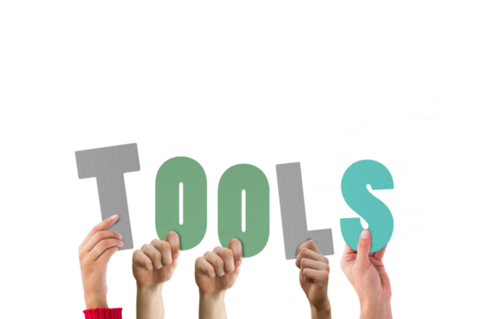 Digital png illustration of hands with tools text on transparent background - Powered by Adobe