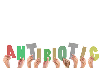 Digital png illustration of hands with antibiotic text on transparent background