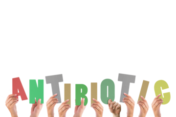 Digital png illustration of hands with antibiotic text on transparent background