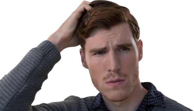 Digital png photo of uncertain caucasian man scratching head on transparent background