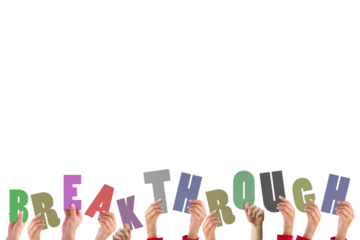 Digital png illustration of hands with breakthrough text on transparent background
