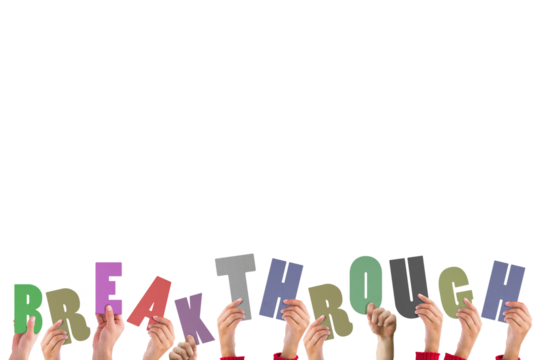 Digital png illustration of hands with breakthrough text on transparent background - Powered by Adobe