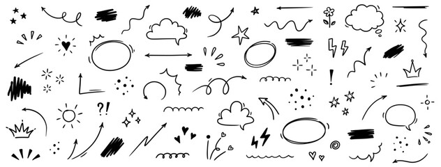 Sketch line cute star element, arrow, heart shape. Hand drawn doodle sketch style circle, cloud speech bubble grunge element set. Arrow, star sparkle, heart brush decoration. Vector illustration © Polina Tomtosova