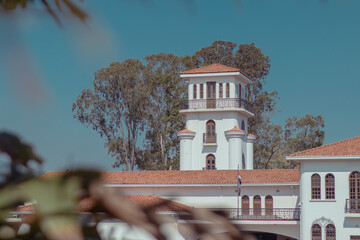 Detail of a tower of museum of costarican art in the capital of san jose on a sunny spotless cloud....