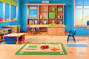 interior of a room with a child toys