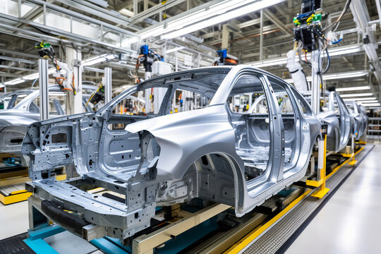 automobile plant. Assembling the body of a car on a conveyor. Modern technology for the production of cars.