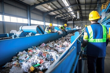 Waste sorting plant. Many different conveyors and bunkers. Workers sort the garbage on the conveyor. Waste disposal and recycling. Waste recycling plant.