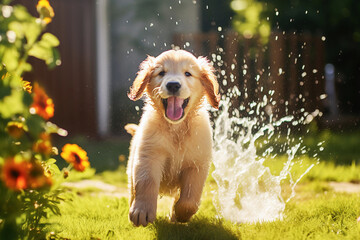 Cute Golden Retriever puppy playing with garden sprinkler water - obrazy, fototapety, plakaty