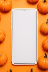 Big phone mock up white empty blank screen template Happy Halloween pumpkins background, Haloween mobile digital online shopping cellphone app sale promotion offer application ads, smartphone mockup.