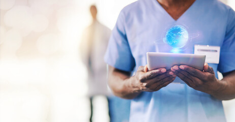 Hands, doctor and tablet with globe hologram, healthcare and person with tech innovation for digital transformation. Medical research, overlay and mockup space, hospital and global futuristic health