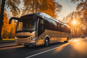 Tour bus on a road during autumn ai generated art