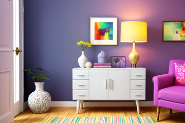 Colorful living room, cabinet, artworks, commode with lamp of vibrant gentle calming