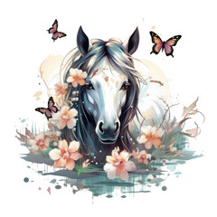 Watercolor Cute unicorn with flowers and butterflies T-shirt Design, The unicorn graces a tranquil pond, Generative Ai
