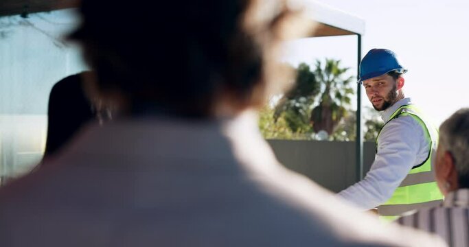 Architecture, building inspection and business people for real estate, maintenance and renovation. Construction, teamwork and contractor explain to men and women for property development investment