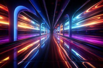 Mesmerizing neon lights and tail lights flank both sides of a platform, creating a symphony of luminance, perfect for urban scenes and nightscapes.