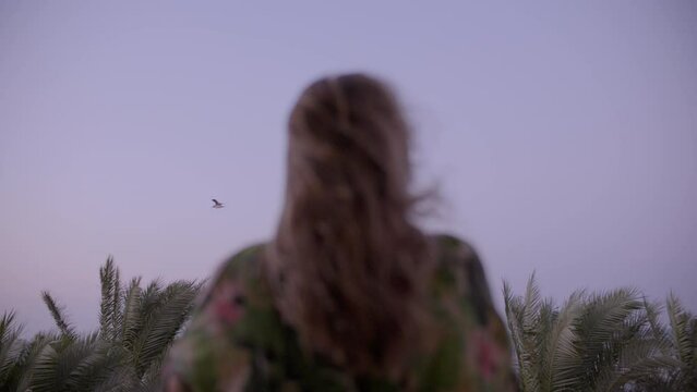 Young woman on a balcony staring at the distant, watching the fliing birds and enjoy the windy at afternoon